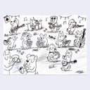 Black ink drawing of various cartoon dogs playing instruments together.