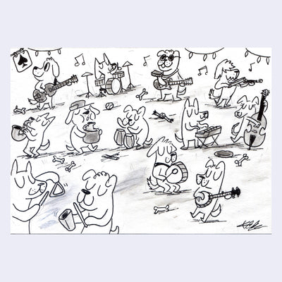 Black ink drawing of various cartoon dogs playing instruments together.