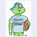 Cartoon style illustration of a frog character, holding a basketball under his arm and dressed in a tank top and backwards blue cap.