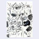 Black ink illustration of 3 cartoon cats playing in a band.