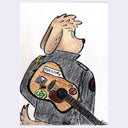 A hand-drawn cartoon illustration of a dog wearing a black jacket and playing a guitar covered with stickers, including one that says 'PRESSURE' and another with a peace sign.
