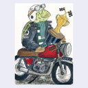 Watercolor illustration of a tortoise riding a motorcyle, dressed in a leather jacket, riding gloves and a scarf. It holds a large, gold 1st place trophy with 2 mini racing flags on it.