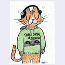 Illustration of a cartoon cat wearing a hoodie that reads "turn, spin, scratch" with a graphic of a turntable.