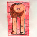 A whimsical watercolor and ink illustration of a creature with a large brown textured body, pinkish skin on its lower legs, and a small gray bow on its head, set against a pink watercolor background