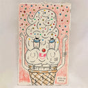 A hand-drawn painting of a melting ice cream cone character, featuring a smiling face, colorful sprinkles, and the text 'SAFE-T-CUP' and 'SCALZO 2026' on a white background.