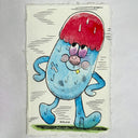 A hand-drawn cartoon artwork featuring a blue character with a red hair, standing on a small patch of green grass against a white textured paper background.