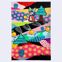 Painting of a colorful, abstract patterned landscape with small creatures walking by with oranges on their backs. A cartoon girl looks back at them.