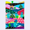 Painting of a colorful, abstract patterned landscape with small creatures walking by with blueberries on their backs. A cartoon girl looks sneakily at them.
