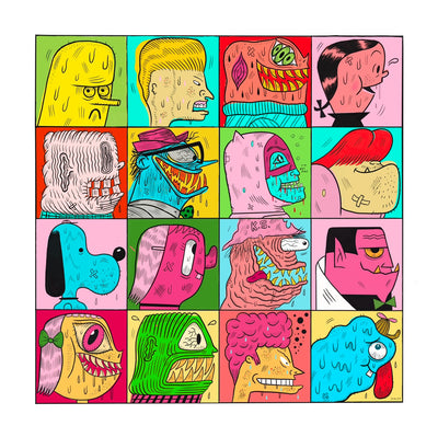Illustration comprised of 16 portraits in colorful squares in a grid fashion. Portraits are various cartoon characters and other original character designs.