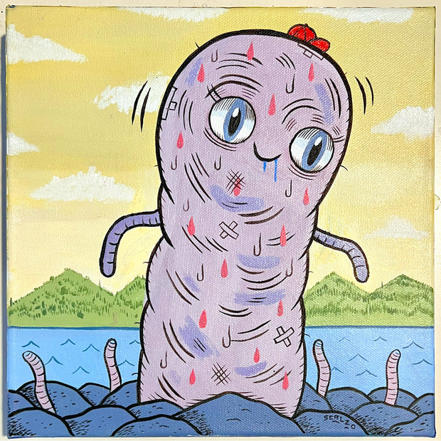 Painting of a large round tipped purple monster, with cute cartoon eyes and a closed mouth drooling smile. It shakes and sweats, emerging from rocks on the beach.