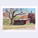An impressionist-style landscape painting of a rustic shed under a large leafless tree, with a blue sky and pinkish foliage, set against a light gray background.