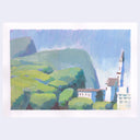 A landscape painting depicting a green hillside village with a church tower and blue sky, shown with a wide white border on a light gray background.