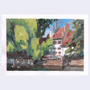 A plein air painting of an impressionistic outdoor scene with green trees, a white building with a red roof, and a blue sky, shown against a light gray background.