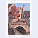 Plein air style painting of an old, European style town with brick and stone buildings with brown and red roofs, in front of a bridge with water running under it.