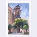 An impressionist-style painting of a historic building with a tower, framed by green trees under a blue sky, shown on a white paper background with a light gray surround.