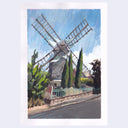 A plein air style painting of a scene of a windmill with tall green cypress trees, a stone wall, and a blue sky, shown against a light gray background.