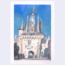 A watercolor painting of a historic stone castle or gatehouse under a vivid blue sky, shown centered on a white paper background with a light gray outer margin.