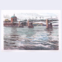 A watercolor painting of a bridge over rippling water, with a domed tower on the left, rendered in soft gray, blue, brown, and muted green tones on a white paper background.