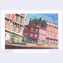 A watercolor painting of an Italian street scene with colorful buildings in shades of pink, red, and beige under a blue sky, presented on a white paper sheet against a light gray background.