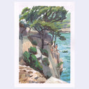 A watercolor-style plein air painting depicting a coastal cliffside with green trees, blue water, and small figures near the edge, shown against a light gray background.