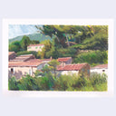 A landscape painting of a rustic village with terracotta-roofed houses nestled among lush green trees and hills, shown with a wide white border on a light gray background.