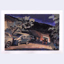 An impressionistic painting of a street scene at dusk or dawn, featuring parked cars, trees, and a dark sky with purple and blue tones, shown with a white border on a light gray background.