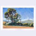 A landscape painting featuring tall green trees on a hillside, a blue sky, and distant hills.