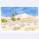 A watercolor landscape painting of a desert scene with a bright blue sky, pale sand dunes, and a few green trees in the foreground, shown against a light gray background.