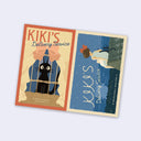 2 stickers using art from Kiki's Delivery Service in a retro style, the first is of Jiji in a wrapped wicker bird's cage and the other is of Kiki and Jiji sitting atop a roof looking out at the city.