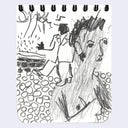 Stylistically messy illustration of a woman, in a cobblestone park with a man walking in the background.