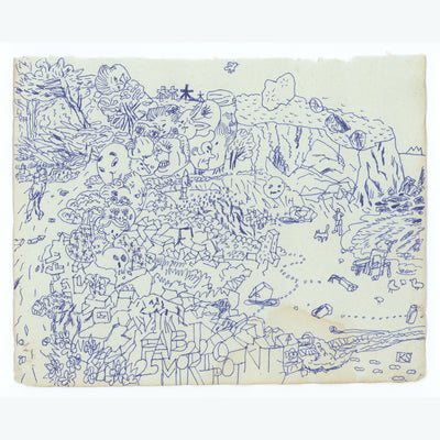 Illustration on aged looking paper of a cliffside with many doodles all around it.