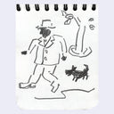 Pencil illustration of a man walking in the park with a small dog behind.