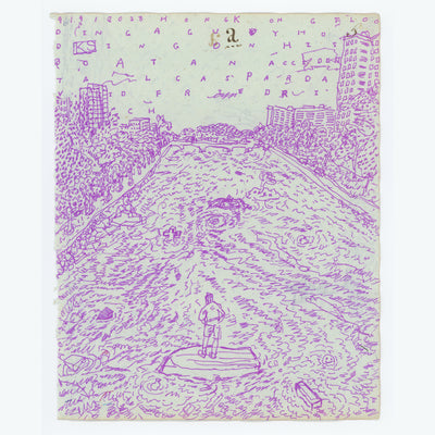 Illustration on aged looking paper of a man standing on a rock in the middle of a rushing river, with buildings and trees on either side of the river. Letters are up above floating in the sky.