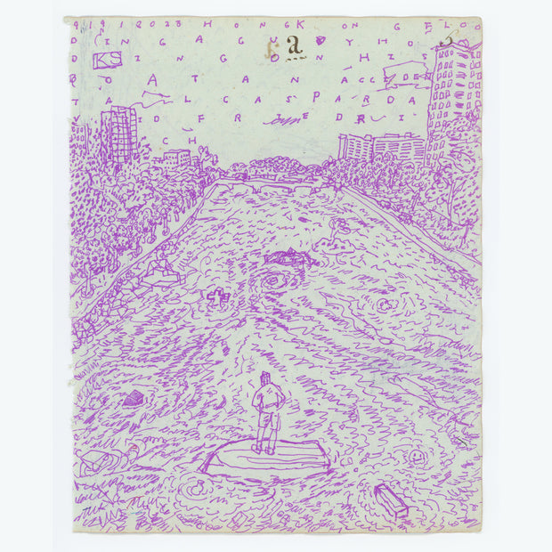 Illustration on aged looking paper of a man standing on a rock in the middle of a rushing river, with buildings and trees on either side of the river. Letters are up above floating in the sky.