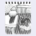 Graphite illustration of a bird sitting on a table, with a dog looking up at it from the ground.