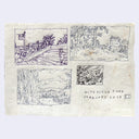 Hand-drawn sketches of a park scene on a textured paper background