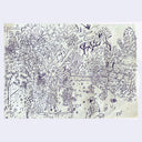 Hand-drawn landscape with trees, buildings, and a person sitting on a bench.