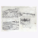 4 illustrated landscapes on a piece of textured paper, depicting mostly hillsides overlooking water.
