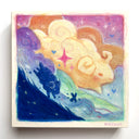 Colorful illustration of a dark blue ram running down a hill, surrounded by butterflies and abstract shapes, a large cloud of a ram is in the sky, running alongside the smaller one.