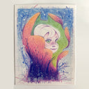 Colored pencil illustration of a pink flower emerging from purple grassy foliage. A girl's head with her tongue out is in the middle of the flower.