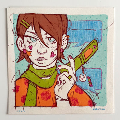 Illustration of a stylized portrait of a girl wearing a scarf and with stickers on her face, with a flip phone in her hand. Behind her are several empty text bubbles.