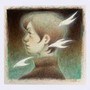 Colored pencil illustration of a person looking off to the side, seen from shoulders up with white birds flying by.