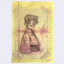 Drawing of a person wearing a jacket, seen from the side. Superimposed on yellow ruled paper.