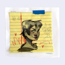 Stylized portrait illustration on yellow ruled paper.