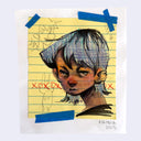 Stylized portrait of a girl with short hair on yellow ruled paper.