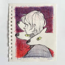 Illustration of a girl looking to the side, seen from the shoulders up. Around her head are 3 dog heads, simplistic in style, background is purple to red gradient.