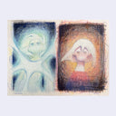 2 rectangular shaped drawings, side by side on one paper of characters with simplistic faces and bodies. The right is blue in color and the left is an orangey purple.