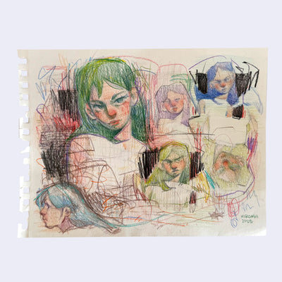 Colored pencil sketch of many of the same person over and over, with various hair colors.