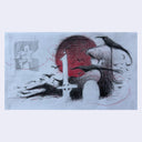 Abstract artwork with a central figure and red circle on a light blue background