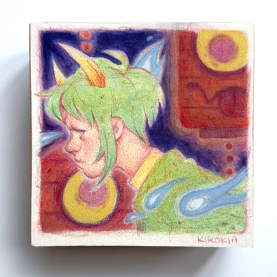 Colored pencil illustration of a person with short green hair and horns, looking off to the side and seen only from the shoulders up. Behind them are large red lanterns with yellow eyes.